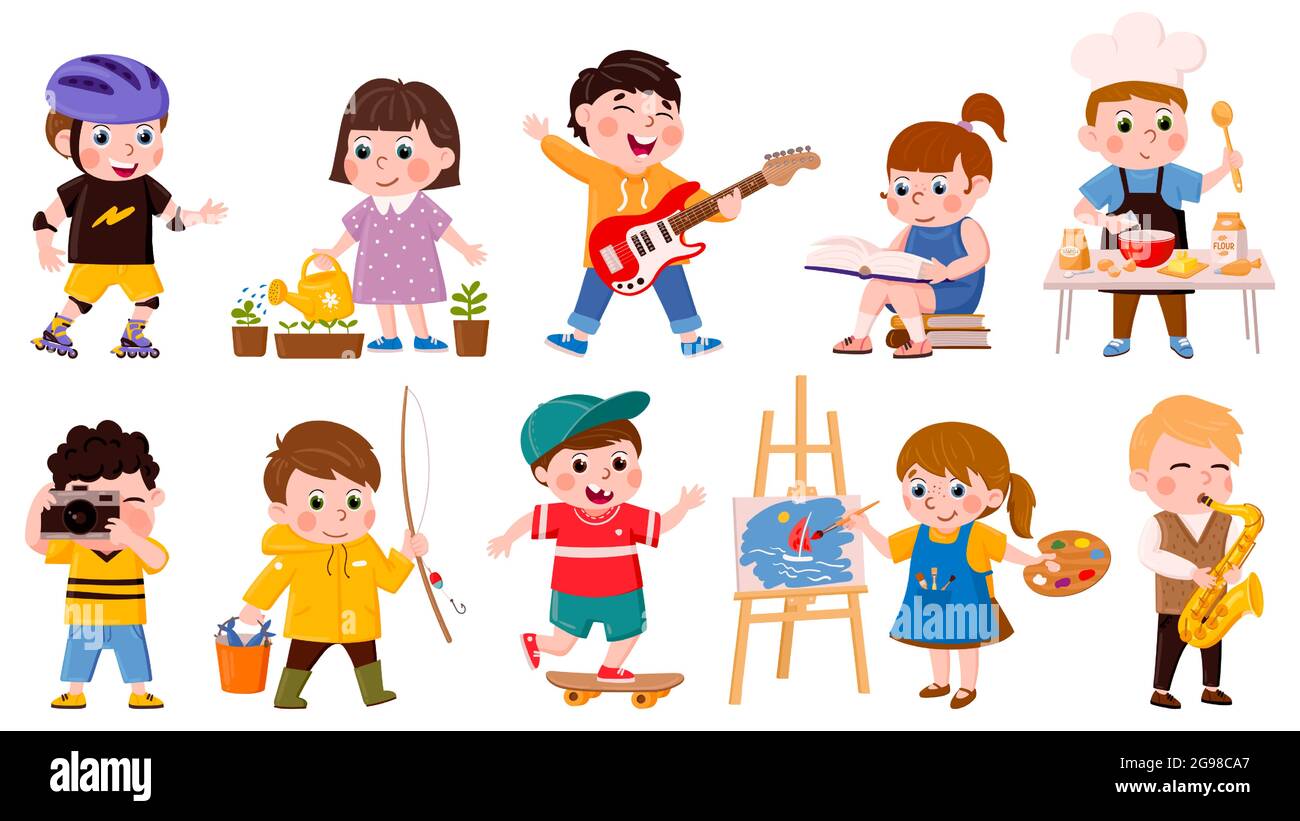Passe-temps pour les enfants. Dessin animé école ou enfants d'âge préscolaire cuisiner, lire, dessiner et jouer de la musique, créatif enfants passe-temps scénario ensemble. Enfants actifs Illustration de Vecteur
