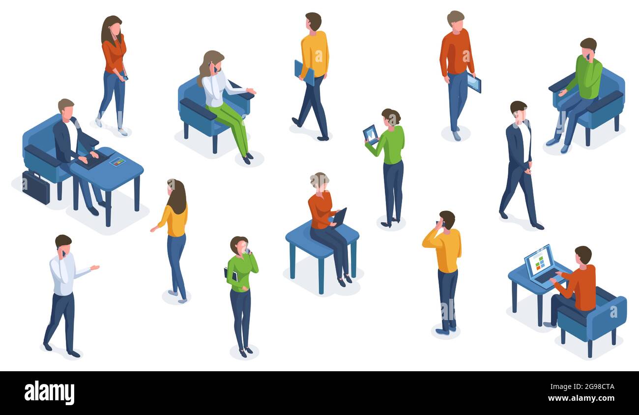 Personnes isométriques avec gadgets. Jeux d'illustrations vectorielles pour les personnages de bureau travaillant avec les smartphones, les ordinateurs portables et les tablettes. Des gens d'affaires et des gadgets Illustration de Vecteur