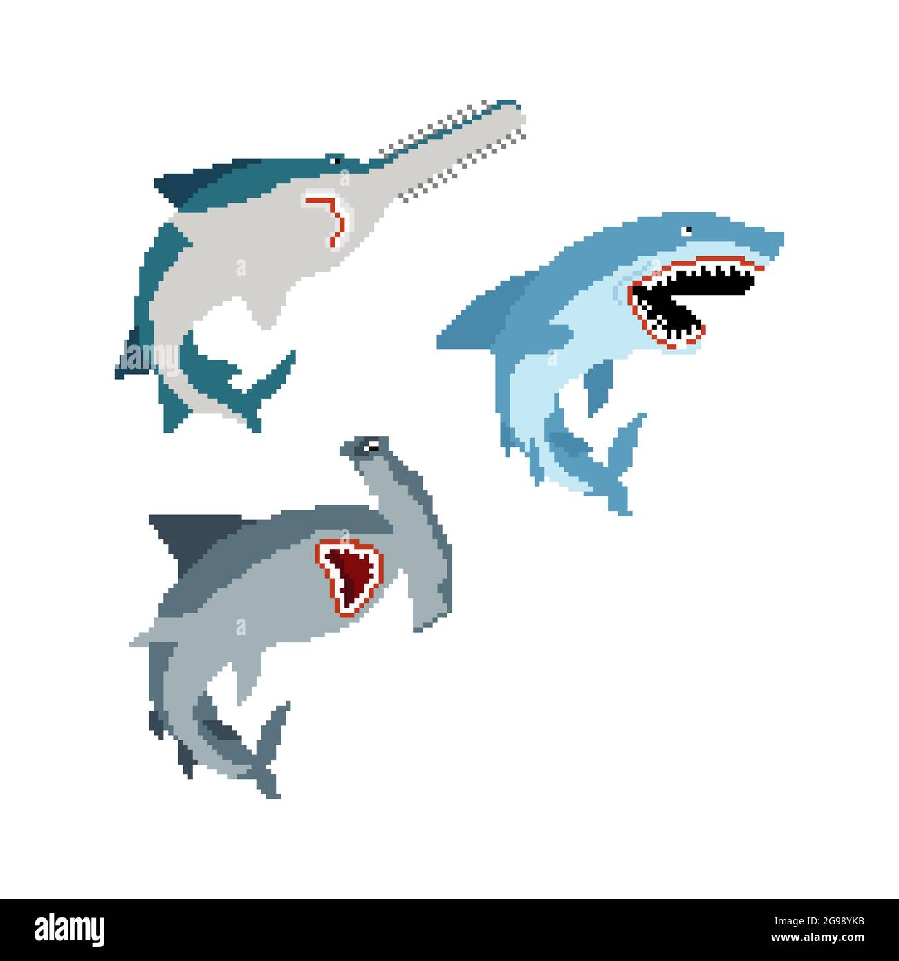 Shark set pixel Art. Collection Marine Predator 8 bits. Requin-marteau ...