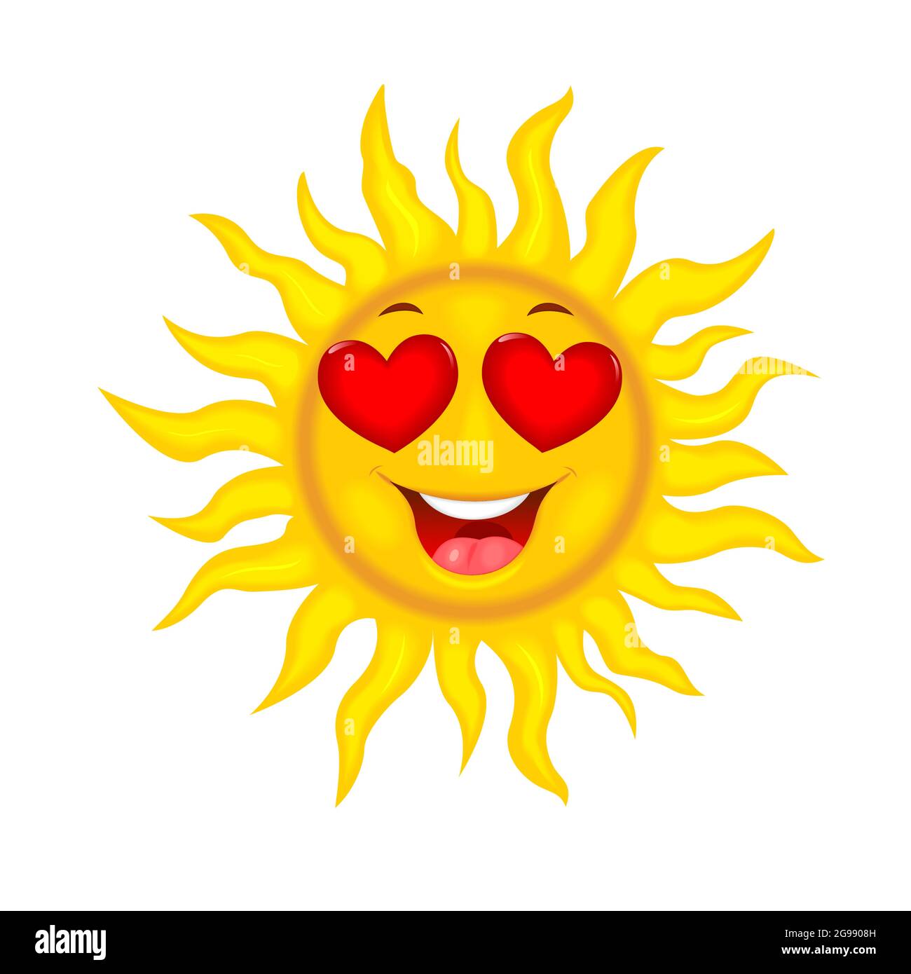 Soleil de dessin animé souriant avec des yeux en forme de coeur. Illustration de Vecteur