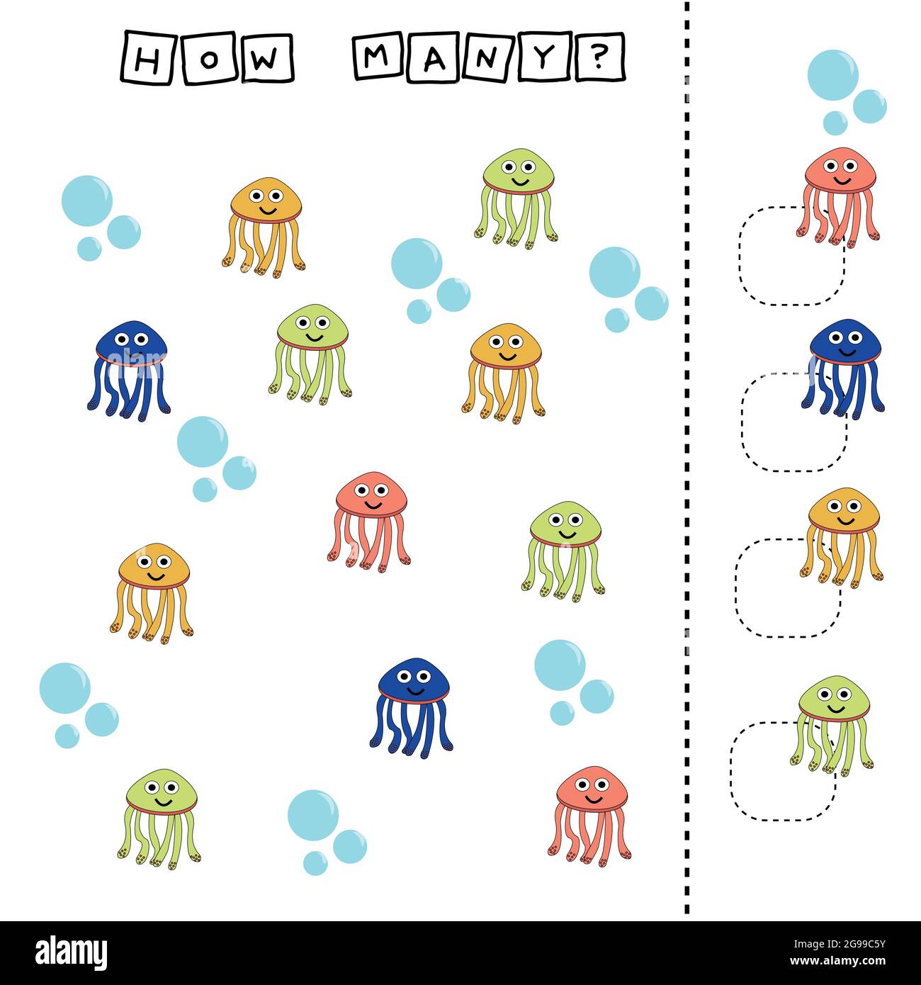 Combien de jeu de comptage avec méduses drôles. Feuille de travail pour enfants d'âge préscolaire, feuille d'activité pour enfants, feuille de travail imprimable Illustration de Vecteur