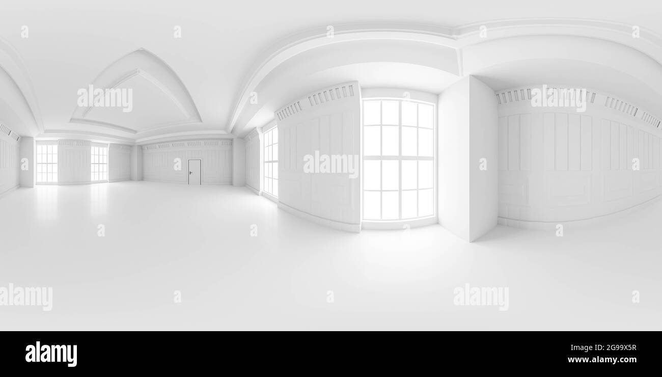 Panorama sphérique équidistant complet à 360 degrés de blanc vide classique vintage studio intérieur 3d rendu illustration hdri hdr vr style Banque D'Images