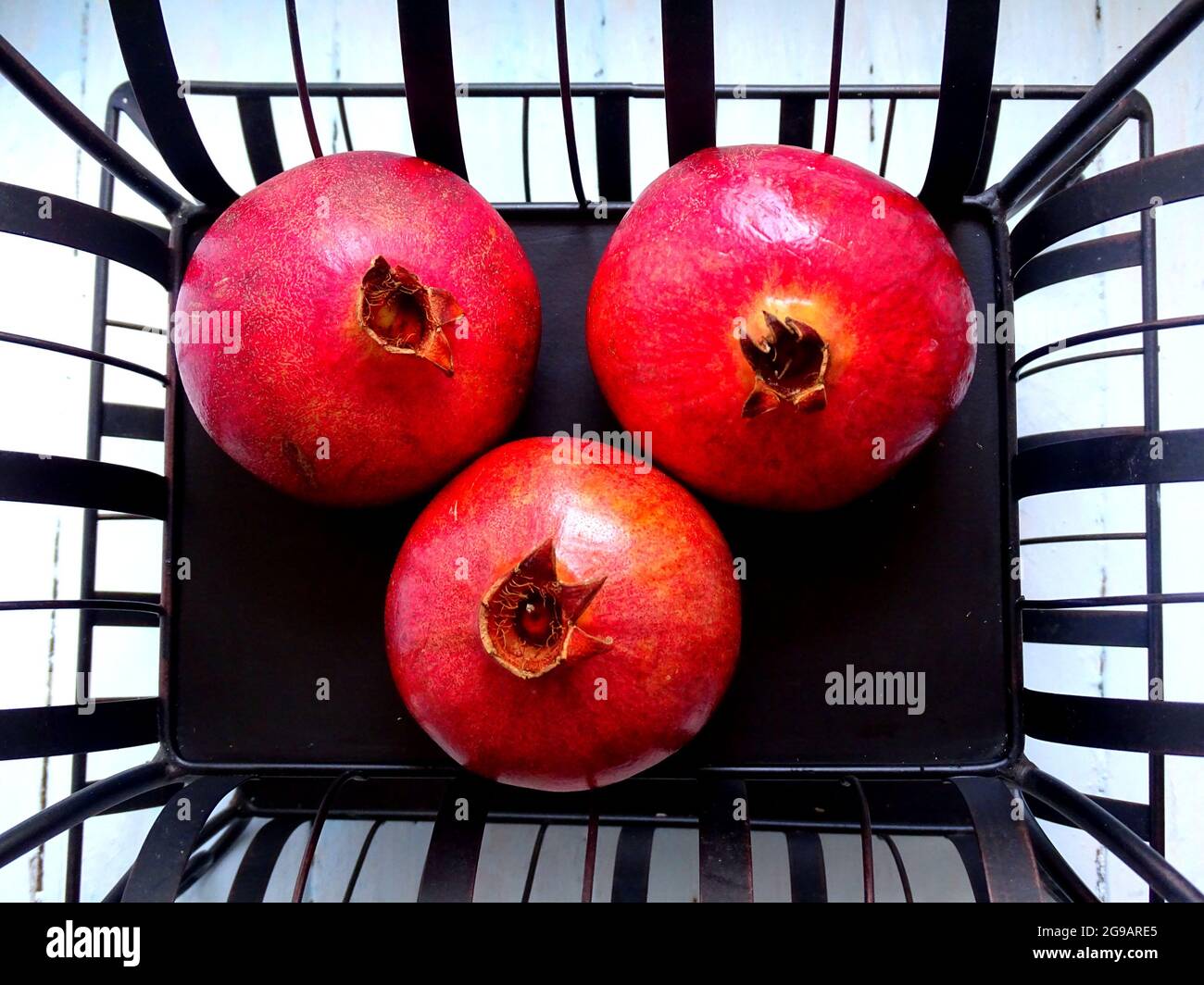 grenades mûres sur un support en métal noir Banque D'Images