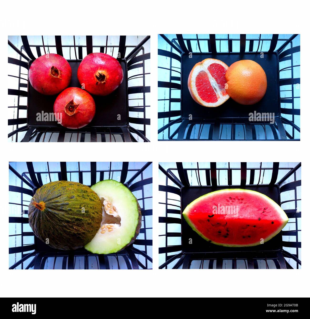 jeu de quatre compositions minimalistes sur un support en métal noir Banque D'Images