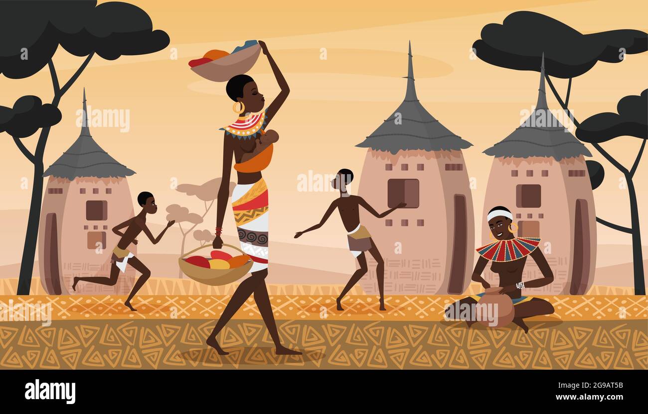 Scène de paysage de village africain, les gens en Afrique illustration de vecteur. Caricature jeune femme personnage en robe tribale traditionnelle avec enfant marchant parmi les maisons pauvres, les enfants heureux jouent le fond Illustration de Vecteur