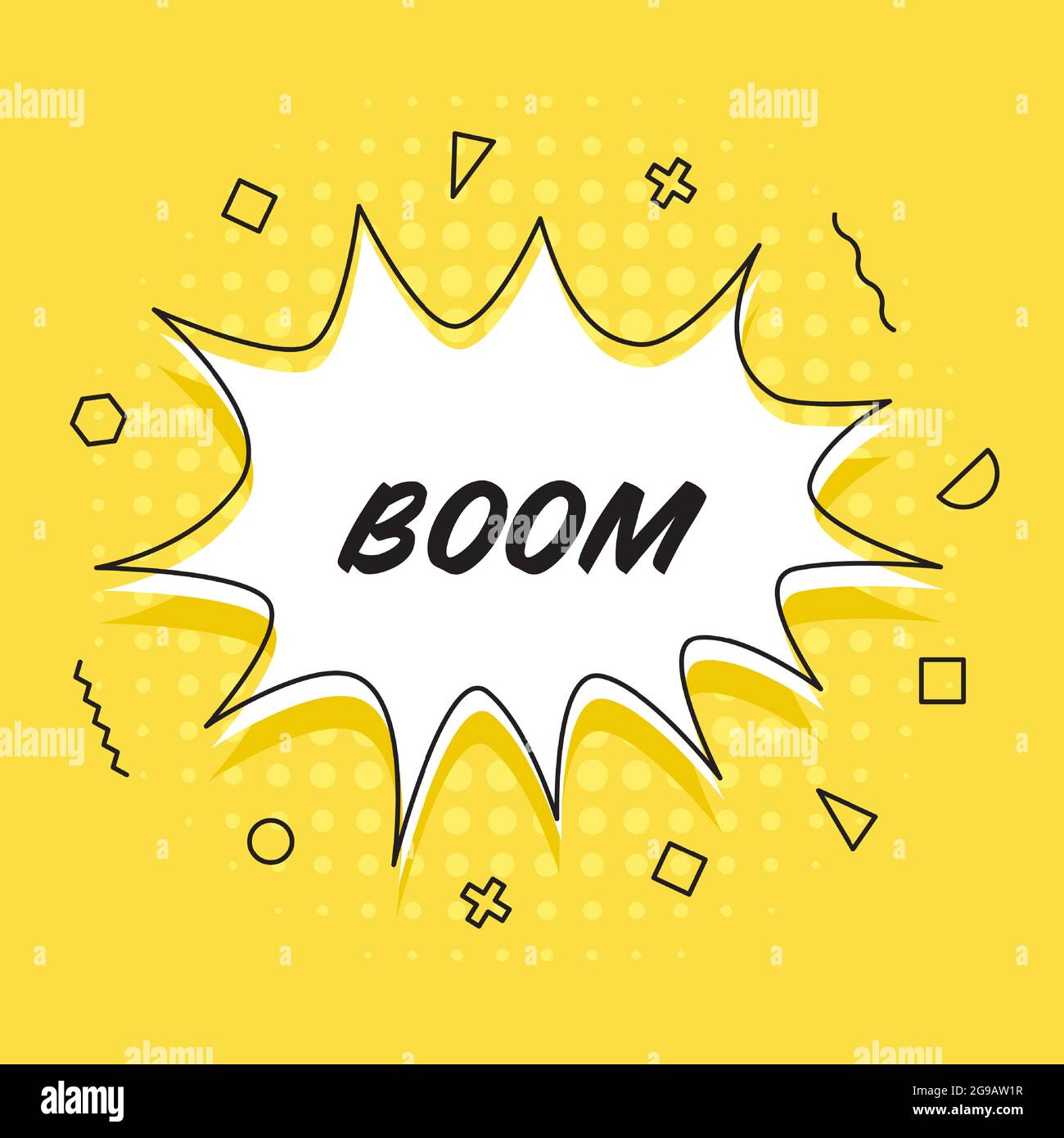 Boum, bulle vocale. Bannière, bulle de discours, poster et sticker concept, memphis style géométrique avec texte Boom. Illustration de Vecteur