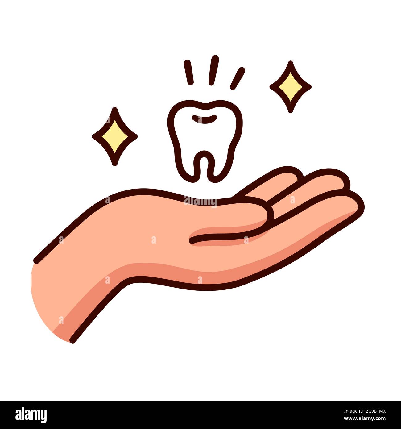 Main de dessin animé tenant la dent. Soins dentaires, illustration de clip art vectoriel. Illustration de Vecteur