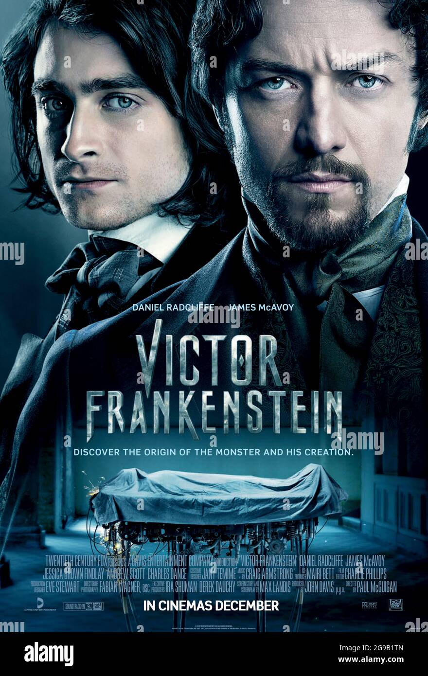 Victor Frankenstein (2015) dirigé par Paul McGuigan et mettant en vedette Daniel Radcliffe, James McAvoy et Jessica Brown Findlay. Adaptation du roman classique de Mary Shelley raconté du point de vue du jeune assistant du Dr Victor Frankenstein Igor. Banque D'Images