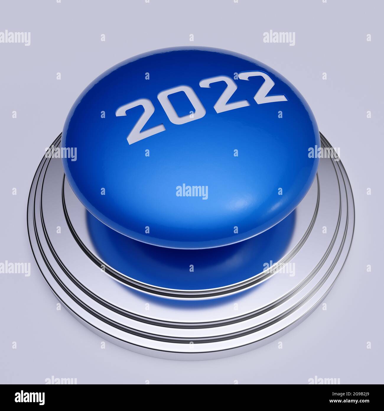 Rendu 3d du bouton-poussoir bleu du nouvel an 2022 isolé sur fond blanc Banque D'Images