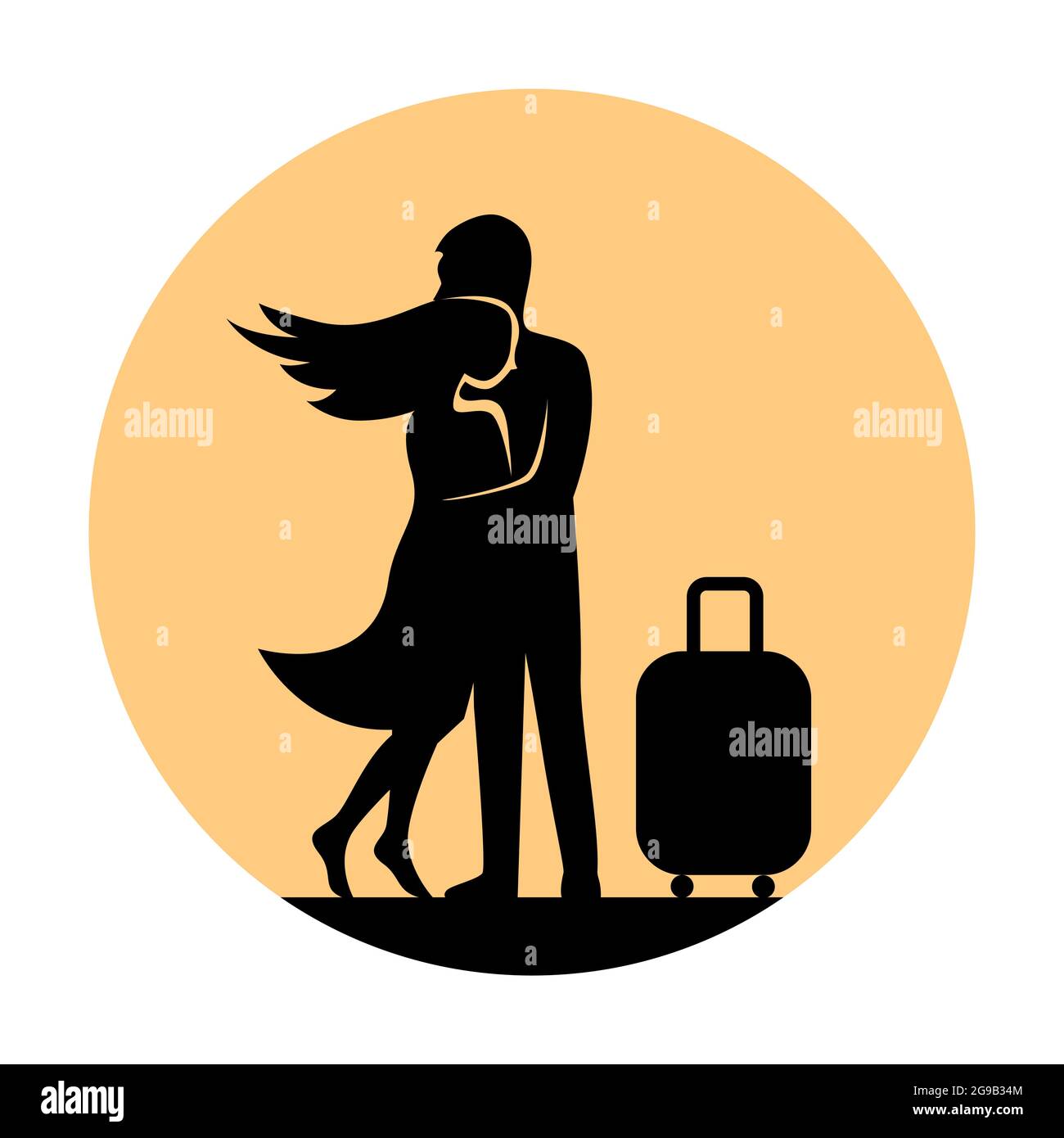 Silhouette d'un couple amoureux dans une étreinte. Un jeune homme avec une valise et une fille s'embrasse. Retour ou concept Au revoir. Illustration vectorielle Illustration de Vecteur