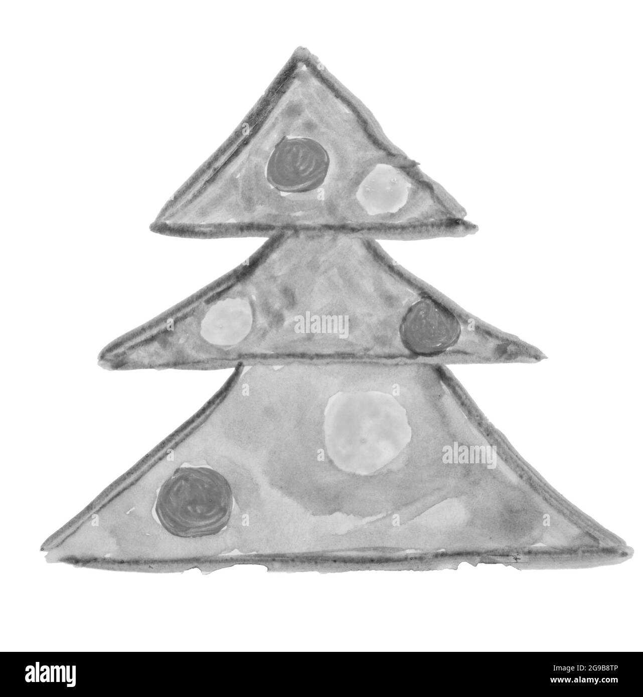 Arbre de Noël avec ballons sur fond blanc. Illustrations aquarelle du dessin des enfants en noir et blanc. Banque D'Images