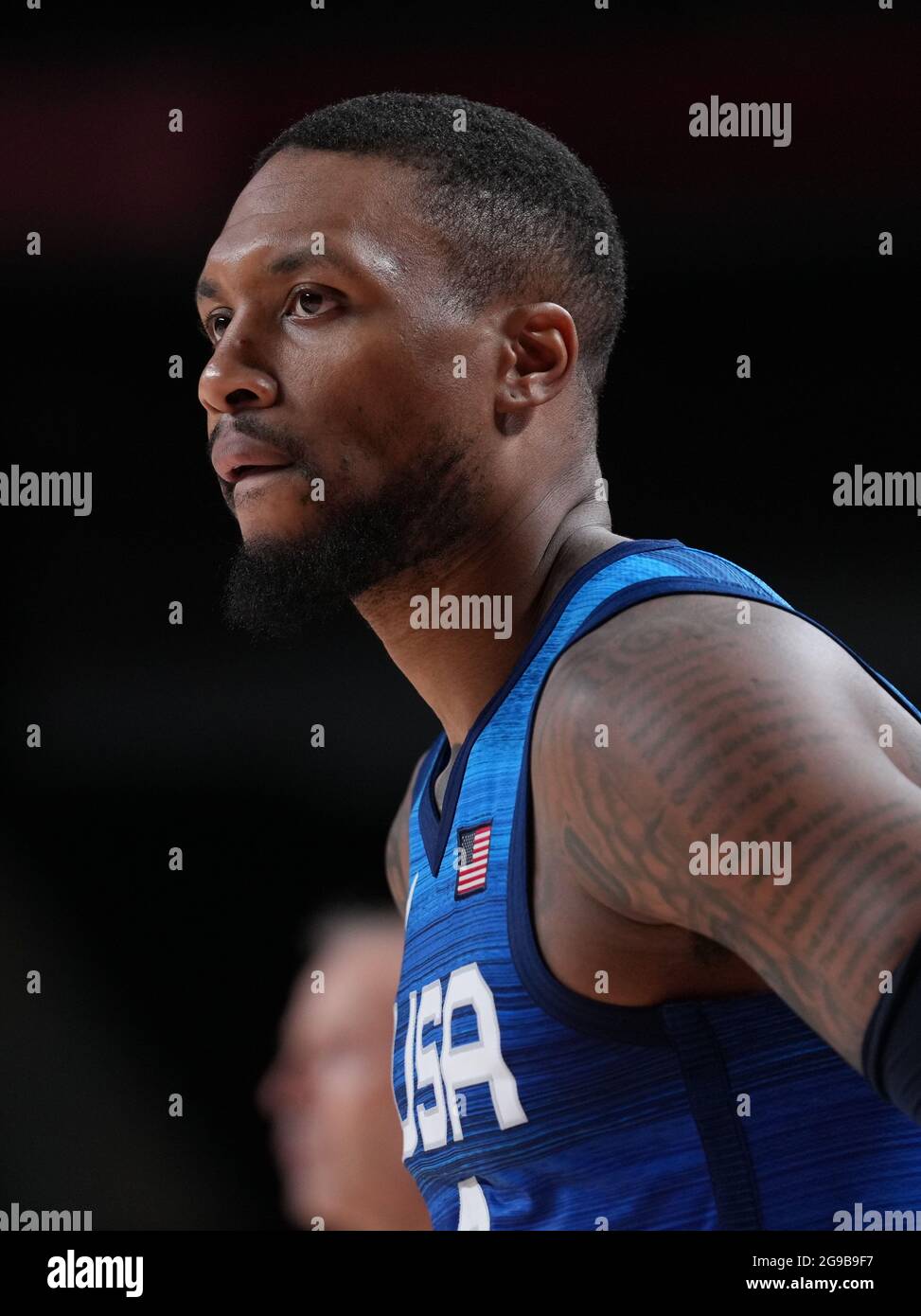 (210725) -- TOKYO, le 25 juillet 2021 (Xinhua) -- Damian Lillard des États-Unis réagit lors du match de basket-ball préliminaire masculin du groupe A entre les États-Unis et la France aux Jeux Olympiques de Tokyo, au Japon, le 25 juillet 2021. (Xinhua/Meng Yongmin) Banque D'Images