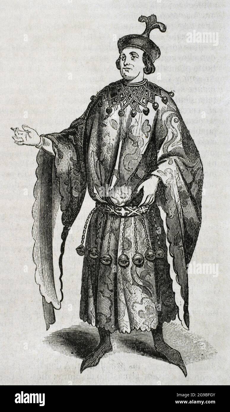 Mosén Borra, nom réel Antoni Tallander (né à Barcelone en 1358). Jester, chevalier et diplomate à la cour du roi Martin I d'Aragon 'l'Humane', Ferdinand I d'Antequera et Alfonso V d'Aragon 'le magnanime'. Gravure après une statue de sa tombe dans la cathédrale de Barcelone. Historia général de España par le Père Mariana, 1852. Banque D'Images