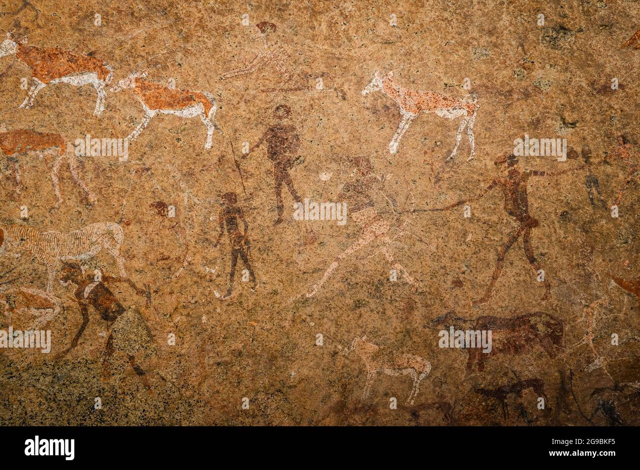 Célèbre peinture de grotte préhistorique connue sous le nom de la Vierge Blanche de Brandberg datant de 2000 ans et située au pied de la montagne Brandberg en Namibie. Banque D'Images