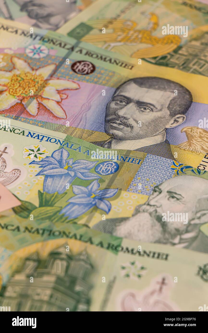 Une composition de leu roumain billets qui dispose de bonnes options à utiliser pour illustrer des sujets comme les entreprises, banques, médias, présentations, etc. Banque D'Images