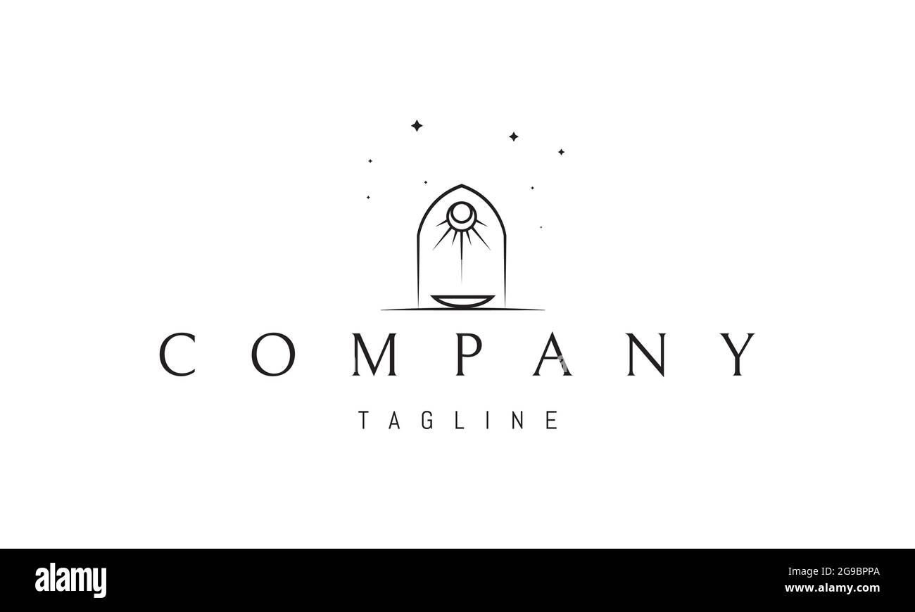 Logo vectoriel sur lequel une image abstraite d'un portail avec le soleil sur un fond d'étoiles. Illustration de Vecteur