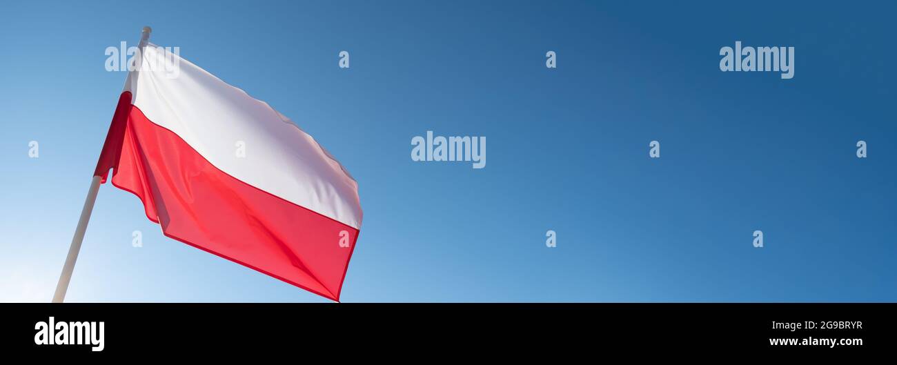 Drapeau de la Pologne sur fond bleu ciel. Espace de copie vide pour le texte. Drapeau polonais agitant dans le vent et la lumière du soleil Banque D'Images