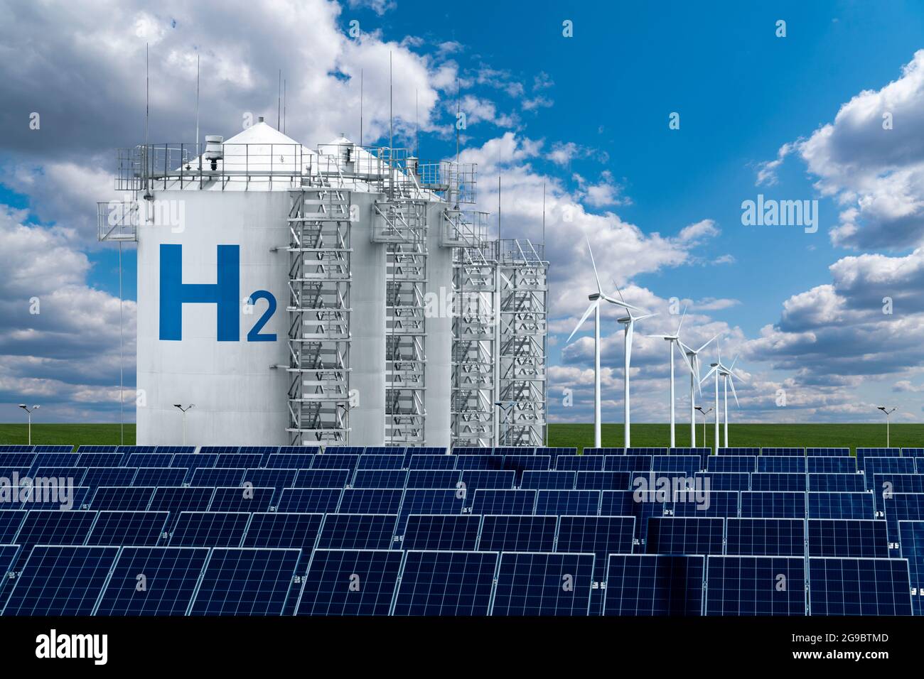 Concept d'usine d'hydrogène. Production d'hydrogène à partir de sources d'énergie renouvelables Banque D'Images