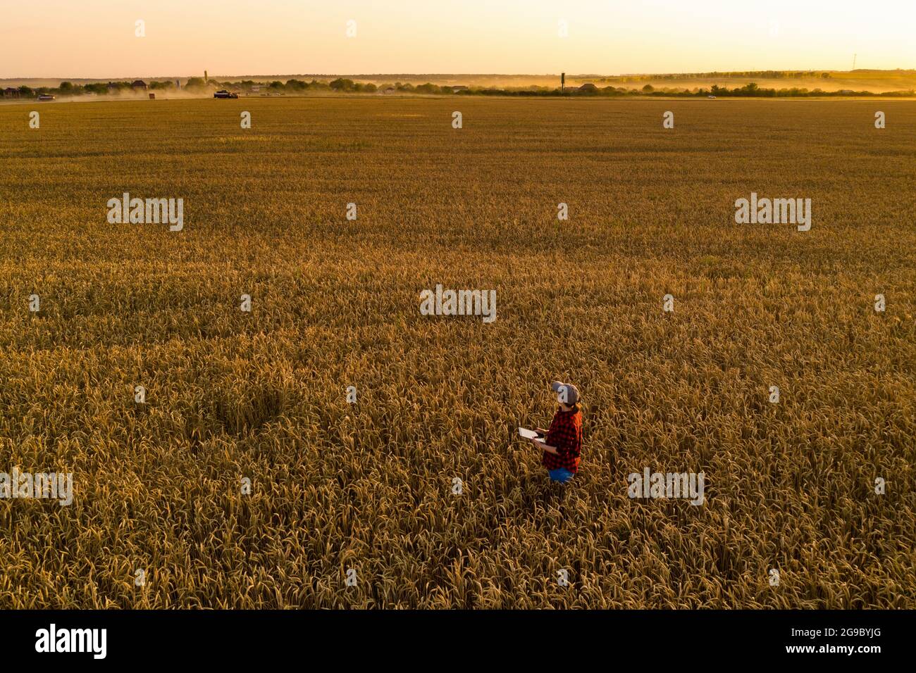 Agriculteur avec une tablette numérique sur un champ de blé. L'agriculture intelligente et la transformation numérique dans l'agriculture. Banque D'Images