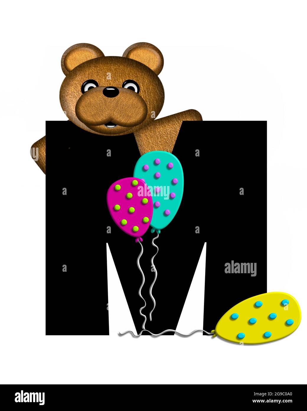 La lettre M, dans l'ensemble d'alphabet 'Teddy Birthday', est noire. L'ours en peluche, le chapeau de fête et les ballons décorent la lettre. Banque D'Images