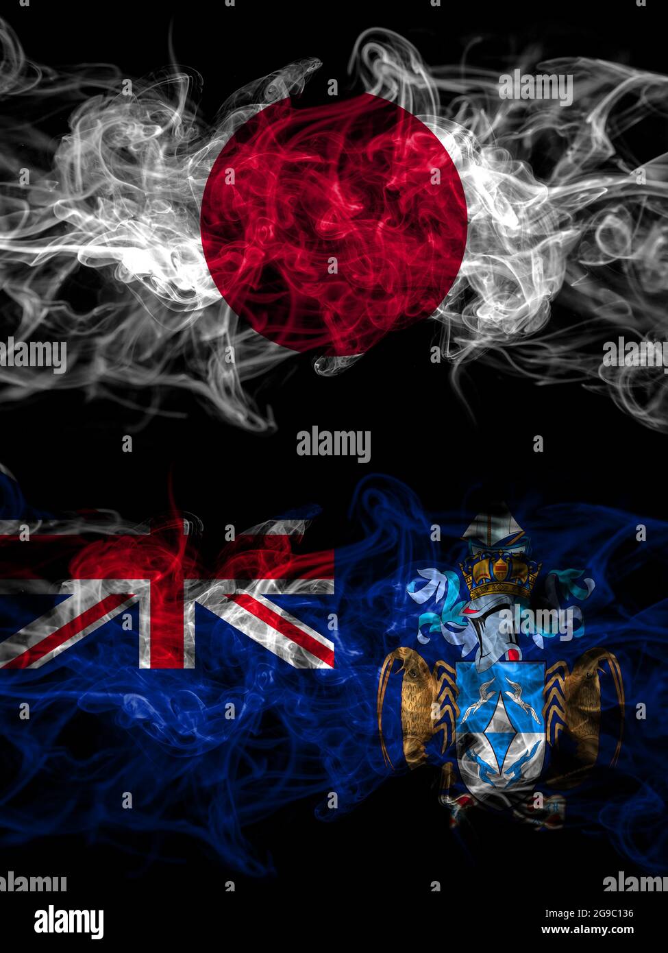 Drapeaux de fumée du Japon, du Japon et de la Grande-Bretagne, Tristan da Cunha Banque D'Images