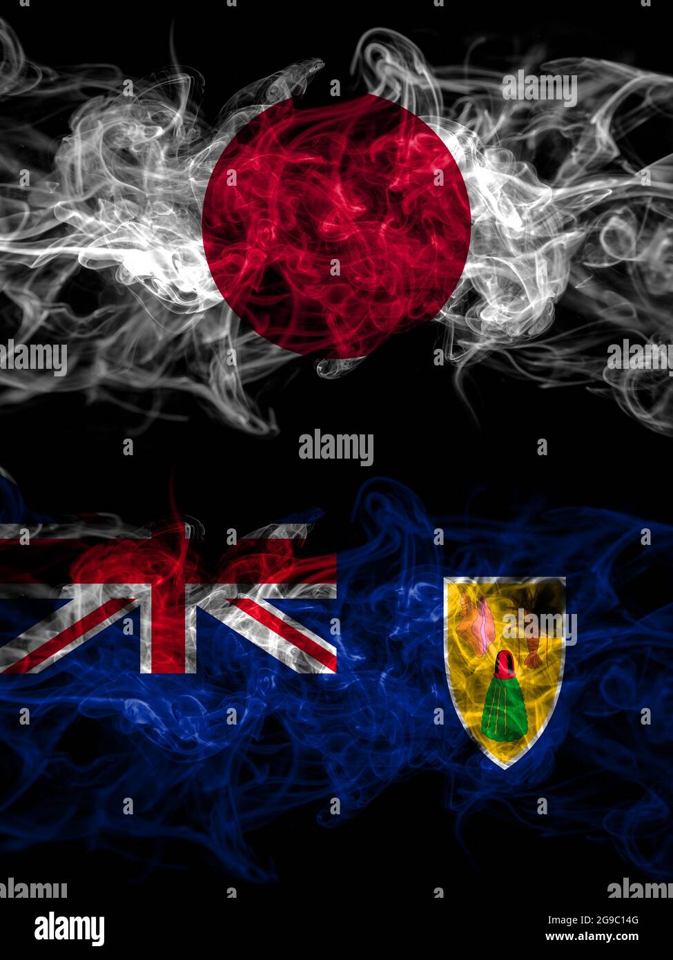 Drapeaux de fumée du Japon, du Japon et de la Grande-Bretagne, des îles Turques et Caïques Banque D'Images