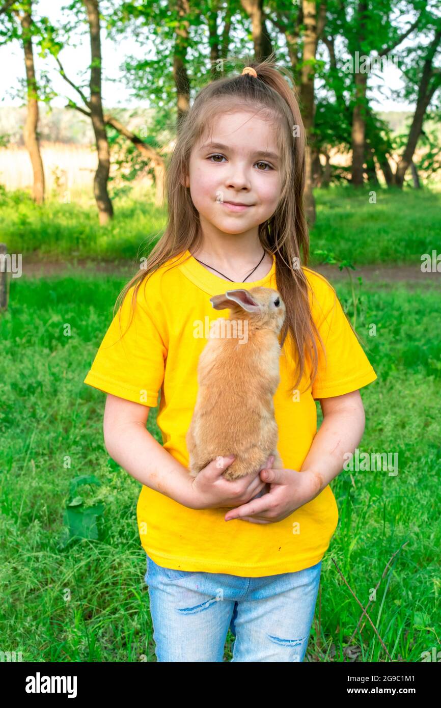 Petite fille mignonne joue avec un vrai lapin au gingembre sur un fond de plantes vertes. En été, activités de plein air pour les enfants avec animaux de compagnie. Fille jouant avec Banque D'Images