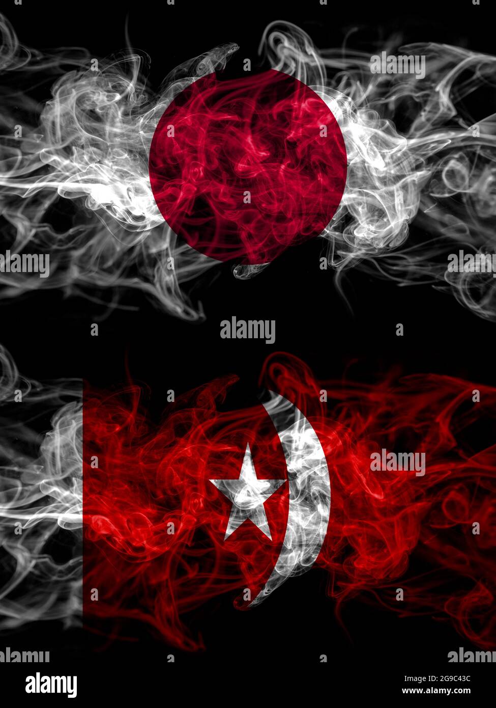 Drapeaux de fumée du Japon, du Japon et des Émirats arabes Unis, Umm al Qaiwain Banque D'Images