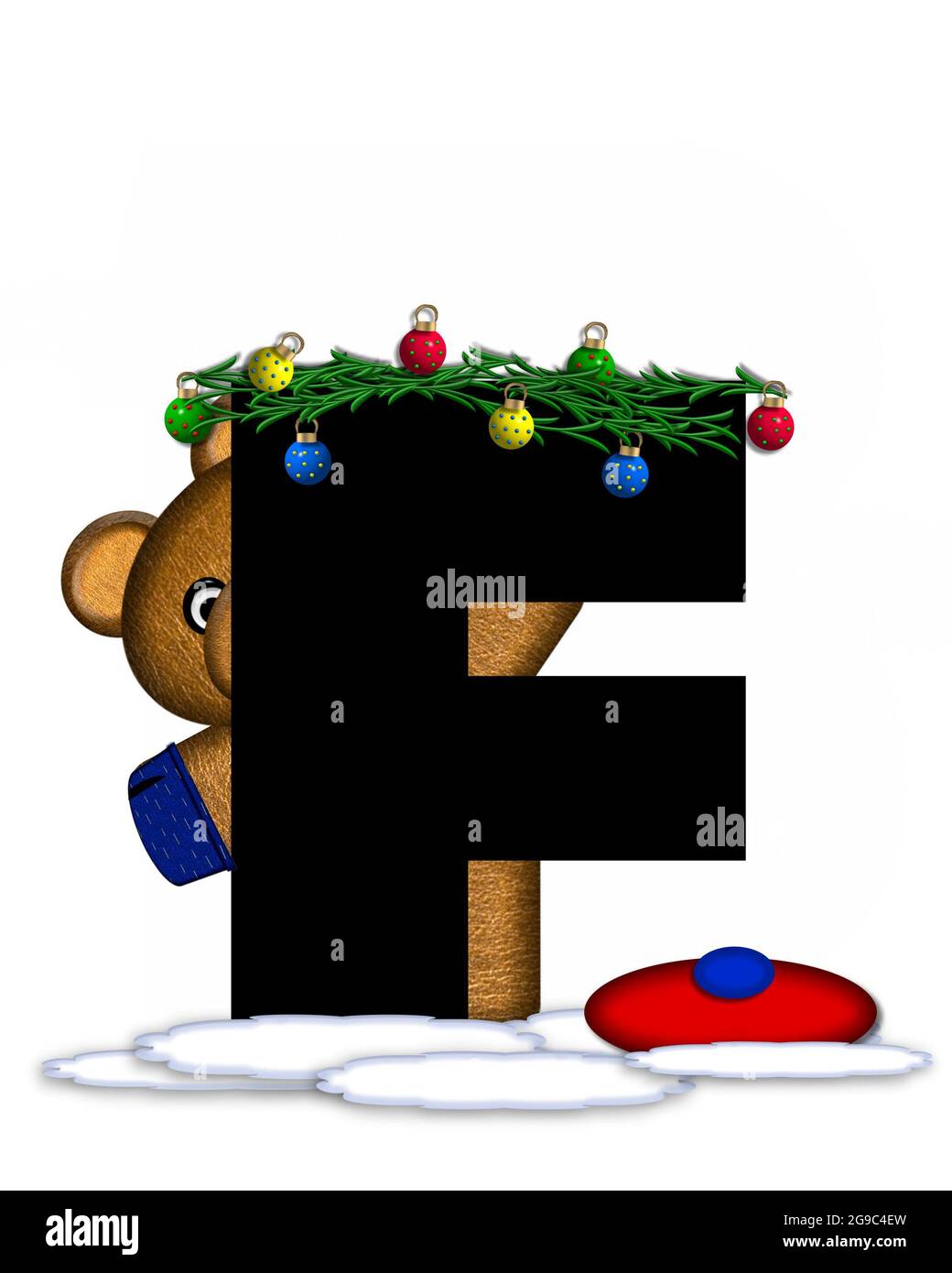 La lettre F, dans l'ensemble d'alphabet « Teddy Christmas Bounges », est  noire et repose sur une pile de neige. Ours en peluche, casquette et moufles,  décoration de la lettre W Photo