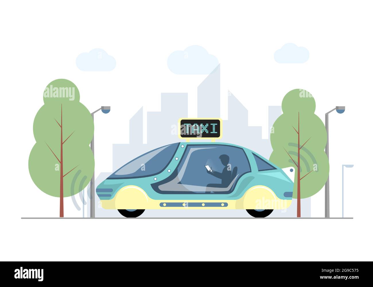 Future express taxi en ville vecteur plat illustration. Voiture futuriste à grande vitesse sur fond de ville moderne. Taxi électrique intelligent autonome avec passagers et paysage urbain en toile de fond. Illustration de Vecteur