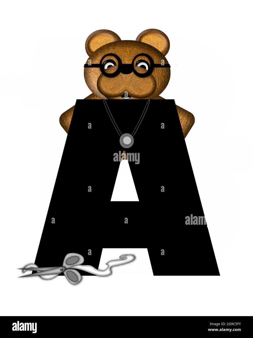 La lettre A, dans l'alphabet « Teddy Doctor Visit », est noire. L'ours en peluche portant un stéthoscope et des lunettes décorent la lettre avec d'autres medi Banque D'Images