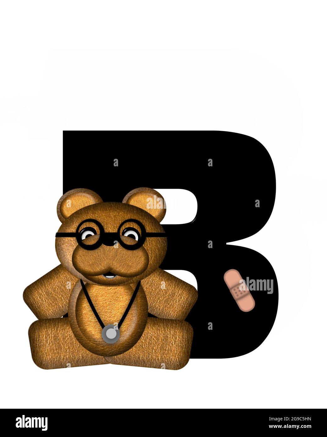 La lettre B, dans l'alphabet « Teddy Doctor Visit », est noire. L'ours en peluche portant un stéthoscope et des lunettes décorent la lettre avec d'autres medi Banque D'Images