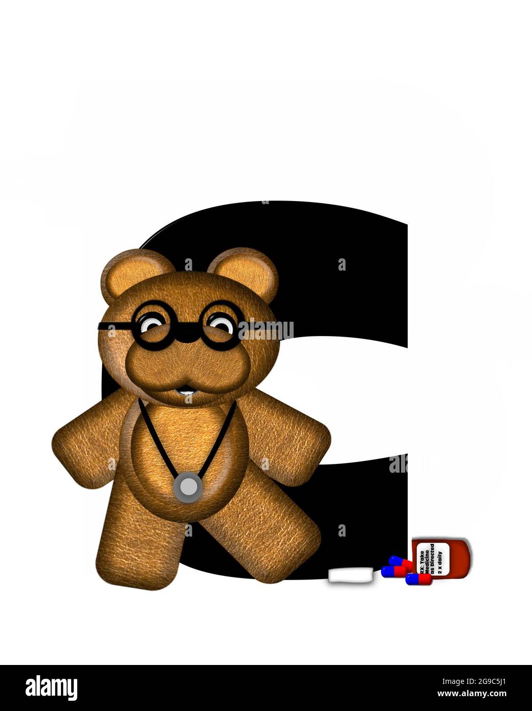 La lettre C, dans l'alphabet « Teddy Doctor Visit », est noire. L'ours en peluche portant un stéthoscope et des lunettes décorent la lettre avec d'autres medi Banque D'Images