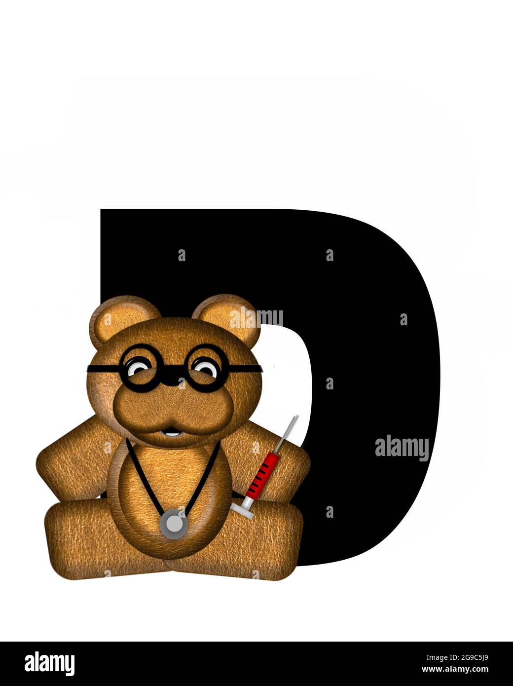 La lettre D, dans l'alphabet « Teddy Doctor Visit », est noire. L'ours en peluche portant un stéthoscope et des lunettes décorent la lettre avec d'autres medi Banque D'Images