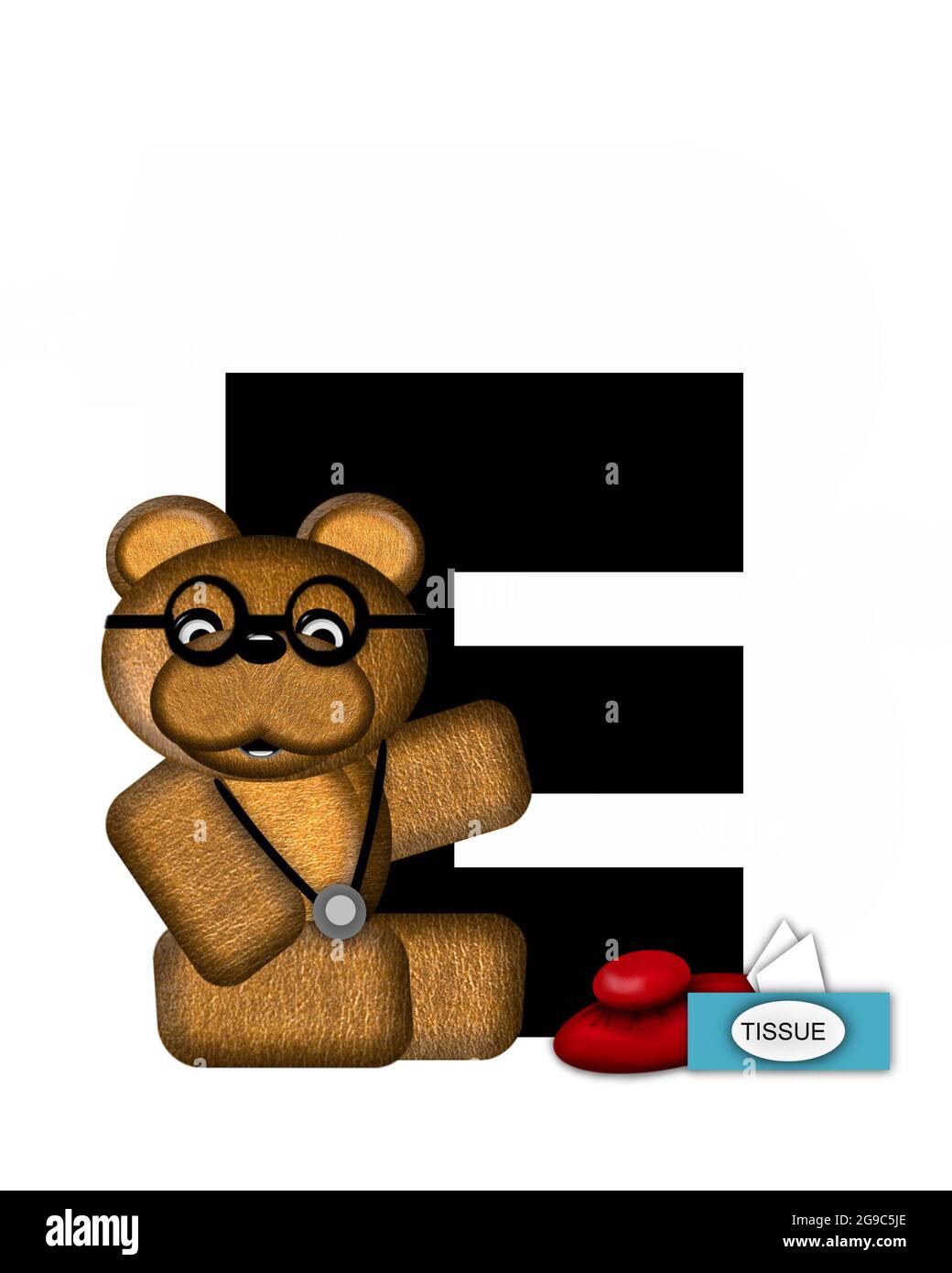 La lettre E, dans l'alphabet « Teddy Doctor Visit », est noire. L'ours en peluche portant un stéthoscope et des lunettes décorent la lettre avec d'autres medi Banque D'Images