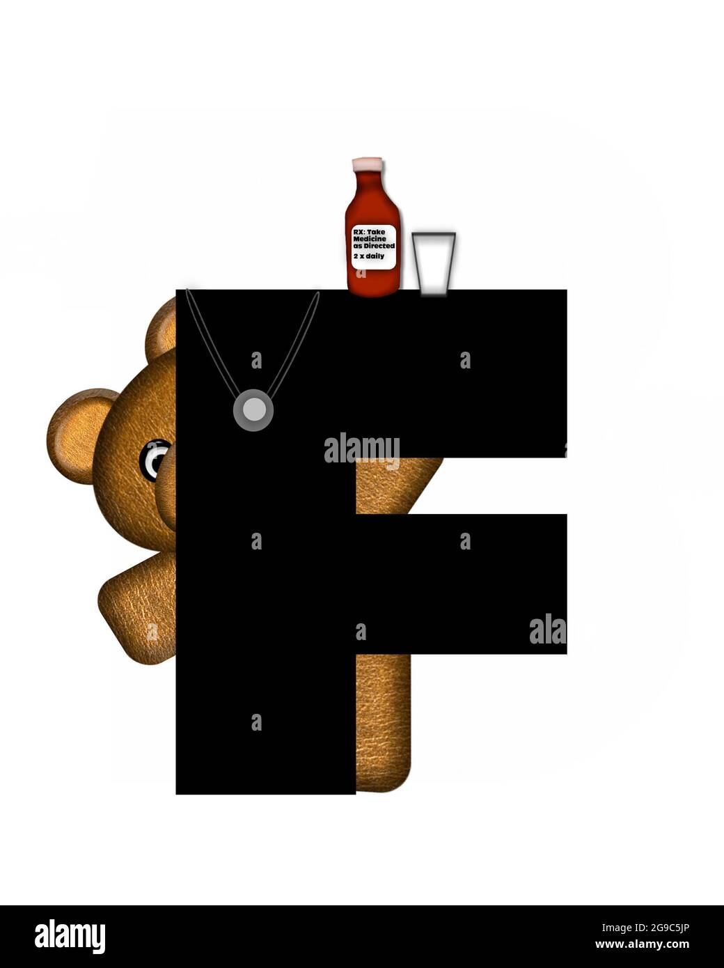 La lettre F, dans l'alphabet « Teddy Doctor Visit », est noire. L'ours en peluche portant un stéthoscope et des lunettes décorent la lettre avec d'autres medi Banque D'Images