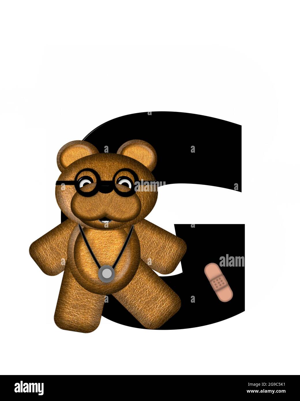 La lettre G, dans l'alphabet « Teddy Doctor Visit », est noire. L'ours en peluche portant un stéthoscope et des lunettes décorent la lettre avec d'autres medi Banque D'Images