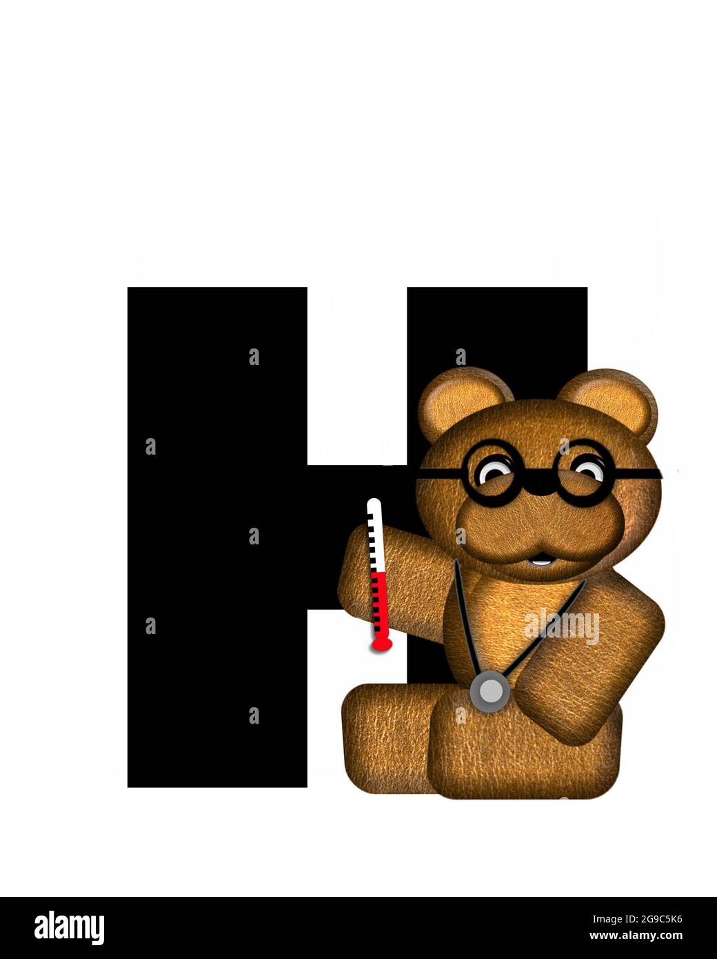 La lettre H, dans l'alphabet « Teddy Doctor Visit », est noire. L'ours en peluche portant un stéthoscope et des lunettes décorent la lettre avec d'autres medi Banque D'Images