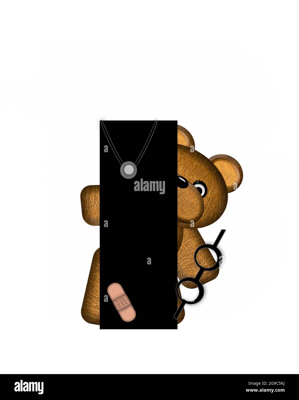 La lettre I, dans l'alphabet « Teddy Doctor Visit », est noire. L'ours en peluche portant un stéthoscope et des lunettes décorent la lettre avec d'autres medi Banque D'Images