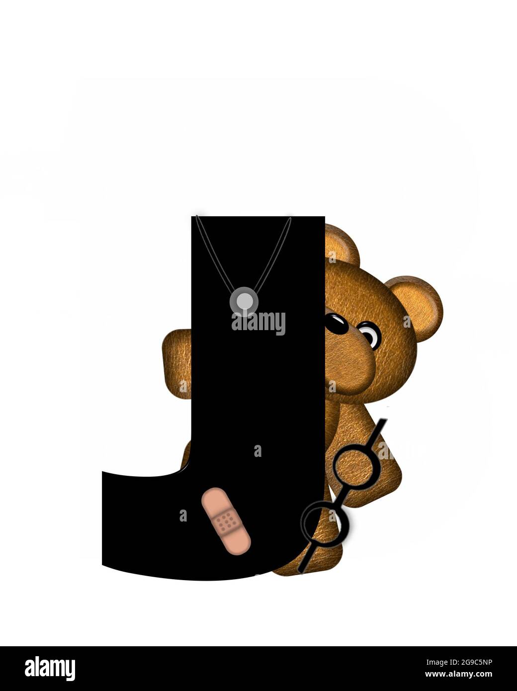 La lettre J, dans l'alphabet « Teddy Doctor Visit », est noire. L'ours en peluche portant un stéthoscope et des lunettes décorent la lettre avec d'autres medi Banque D'Images