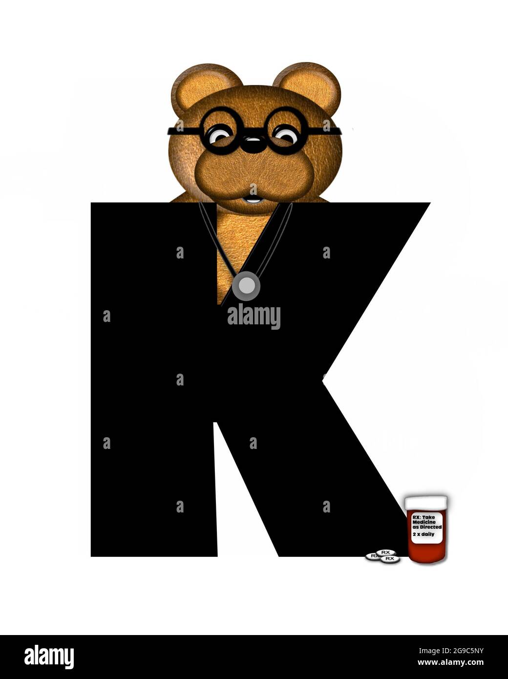 La lettre K, dans l'alphabet « Teddy Doctor Visit », est noire. L'ours en peluche portant un stéthoscope et des lunettes décorent la lettre avec d'autres medi Banque D'Images