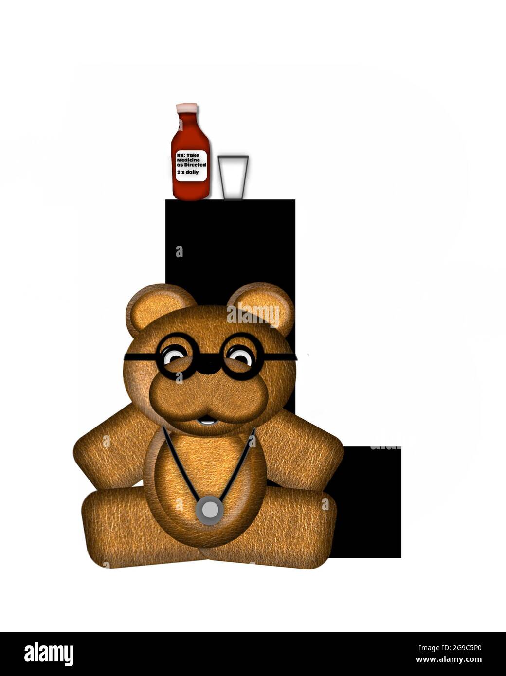 La lettre L, dans l'alphabet « Teddy Doctor Visit », est noire. L'ours en peluche portant un stéthoscope et des lunettes décorent la lettre avec d'autres medi Banque D'Images