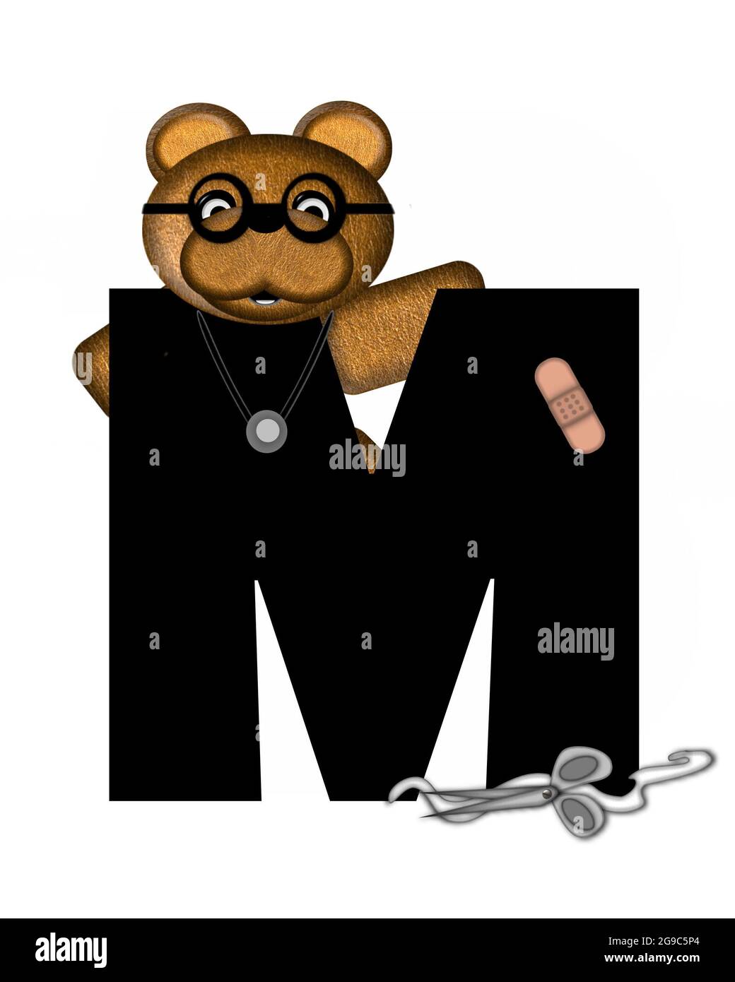 La lettre M, dans l'alphabet « Teddy Doctor Visit », est noire. L'ours en peluche portant un stéthoscope et des lunettes décorent la lettre avec d'autres medi Banque D'Images