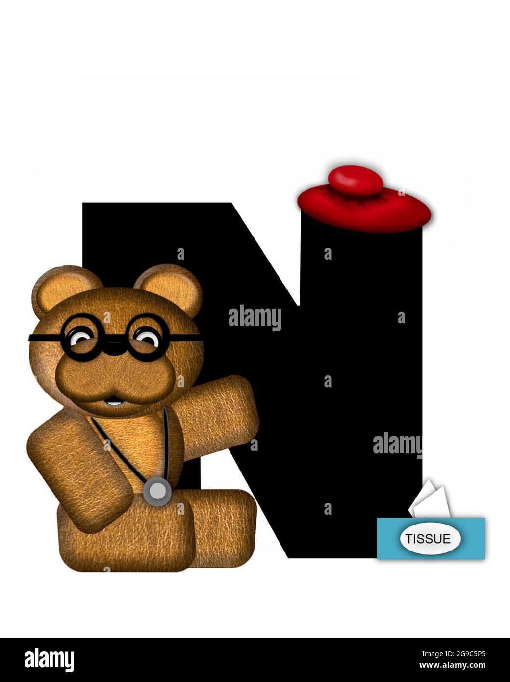 La lettre N, dans l'alphabet « Teddy Doctor Visit », est noire. L'ours en peluche portant un stéthoscope et des lunettes décorent la lettre avec d'autres medi Banque D'Images