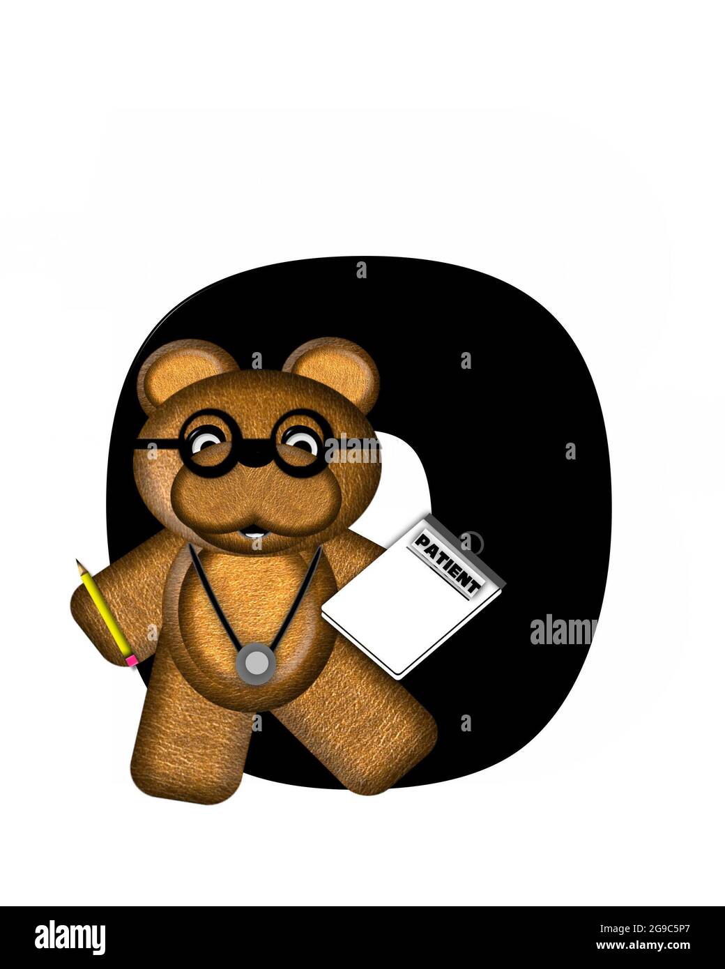La lettre O, dans l'alphabet « Teddy Doctor Visit », est noire. L'ours en peluche portant un stéthoscope et des lunettes décorent la lettre avec d'autres medi Banque D'Images