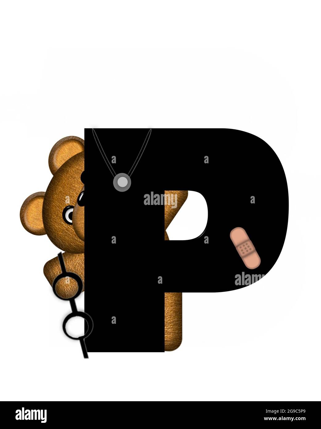 La lettre P, dans l'alphabet « Teddy Doctor Visit », est noire. L'ours en peluche portant un stéthoscope et des lunettes décorent la lettre avec d'autres medi Banque D'Images