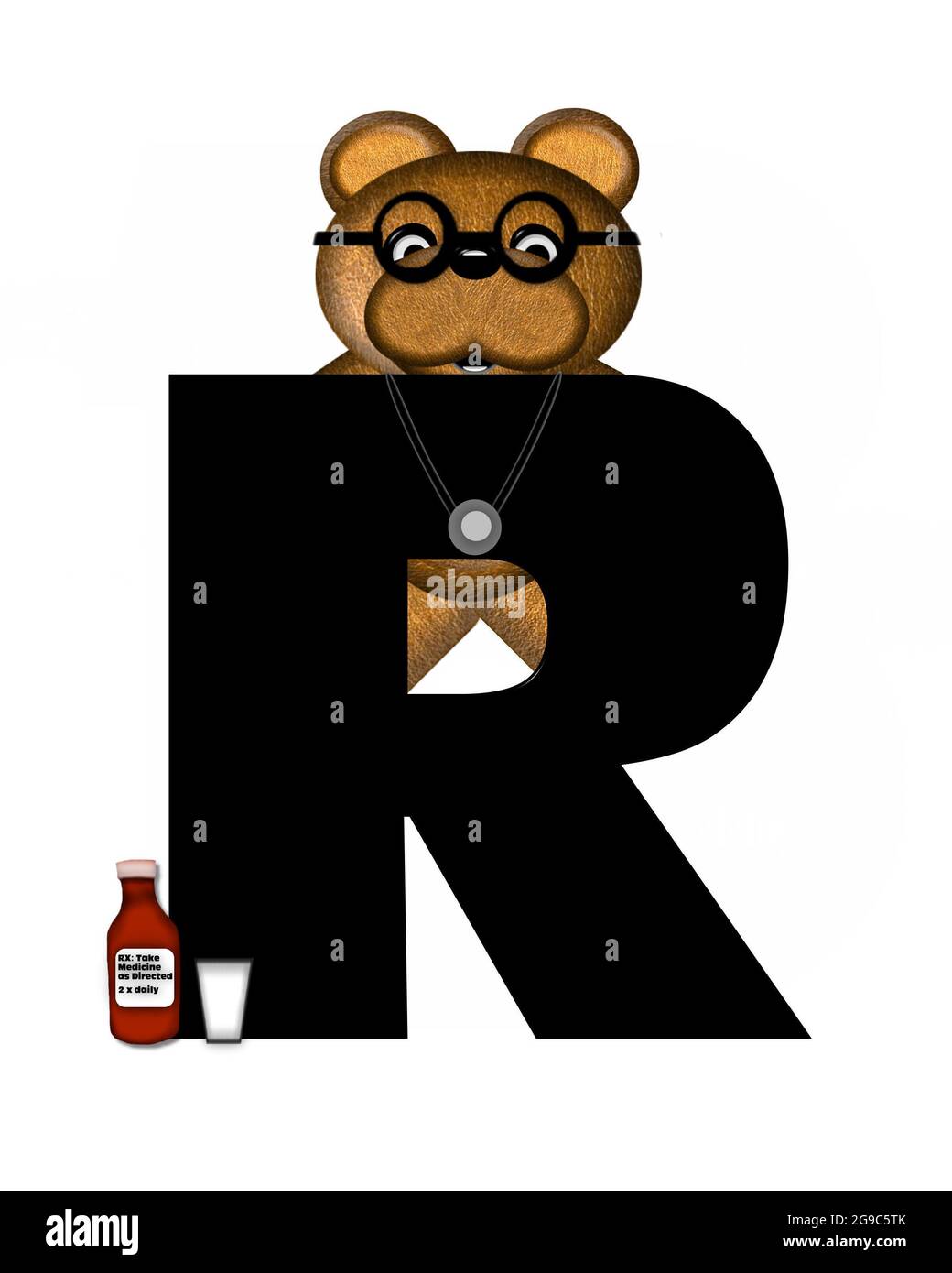 La lettre R, dans l'alphabet « Teddy Doctor Visit », est noire. L'ours en peluche portant un stéthoscope et des lunettes décorent la lettre avec d'autres medi Banque D'Images
