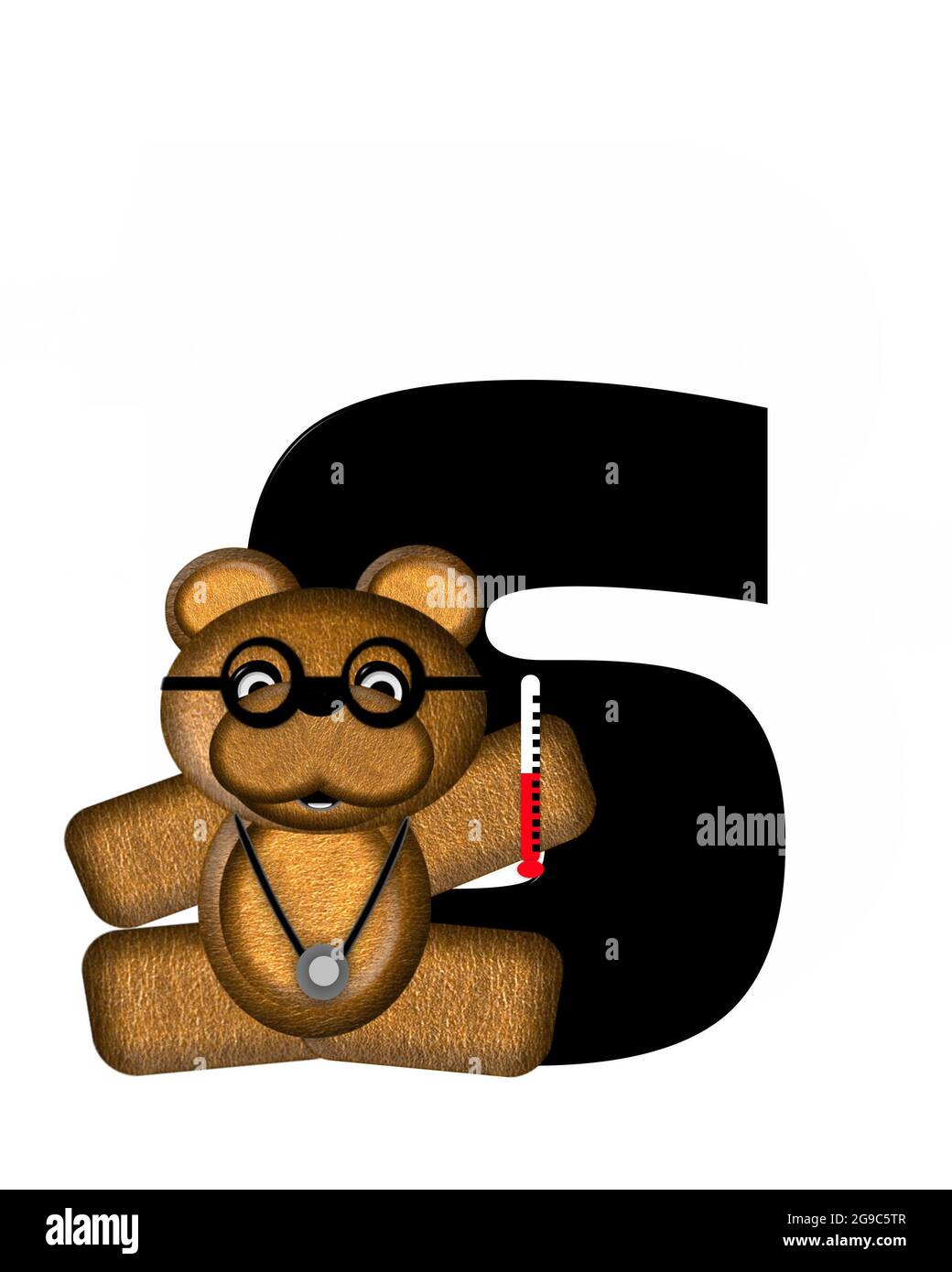 La lettre S, dans l'alphabet « Teddy Doctor Visit », est noire. L'ours en peluche portant un stéthoscope et des lunettes décorent la lettre avec d'autres medi Banque D'Images