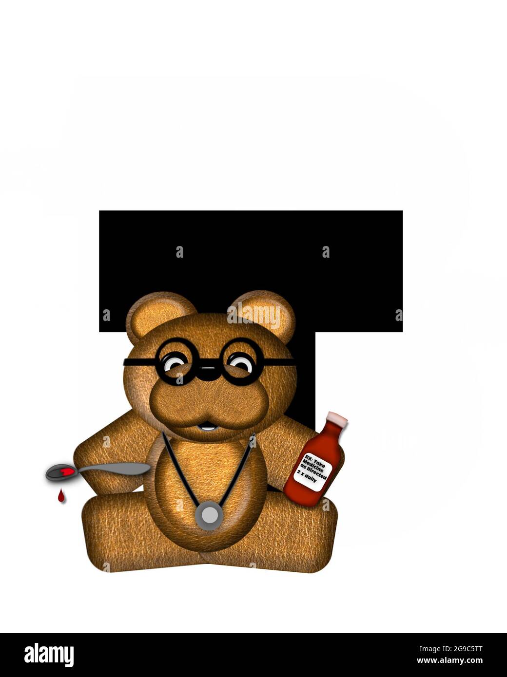 La lettre T, dans l'alphabet « Teddy Doctor Visit », est noire. L'ours en peluche portant un stéthoscope et des lunettes décorent la lettre avec d'autres medi Banque D'Images