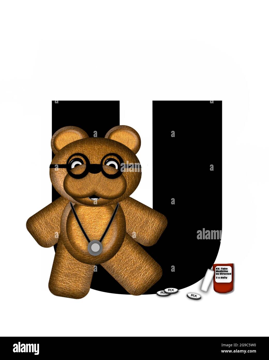 La lettre U, dans l'alphabet « Teddy Doctor Visit », est noire. L'ours en peluche portant un stéthoscope et des lunettes décorent la lettre avec d'autres medi Banque D'Images